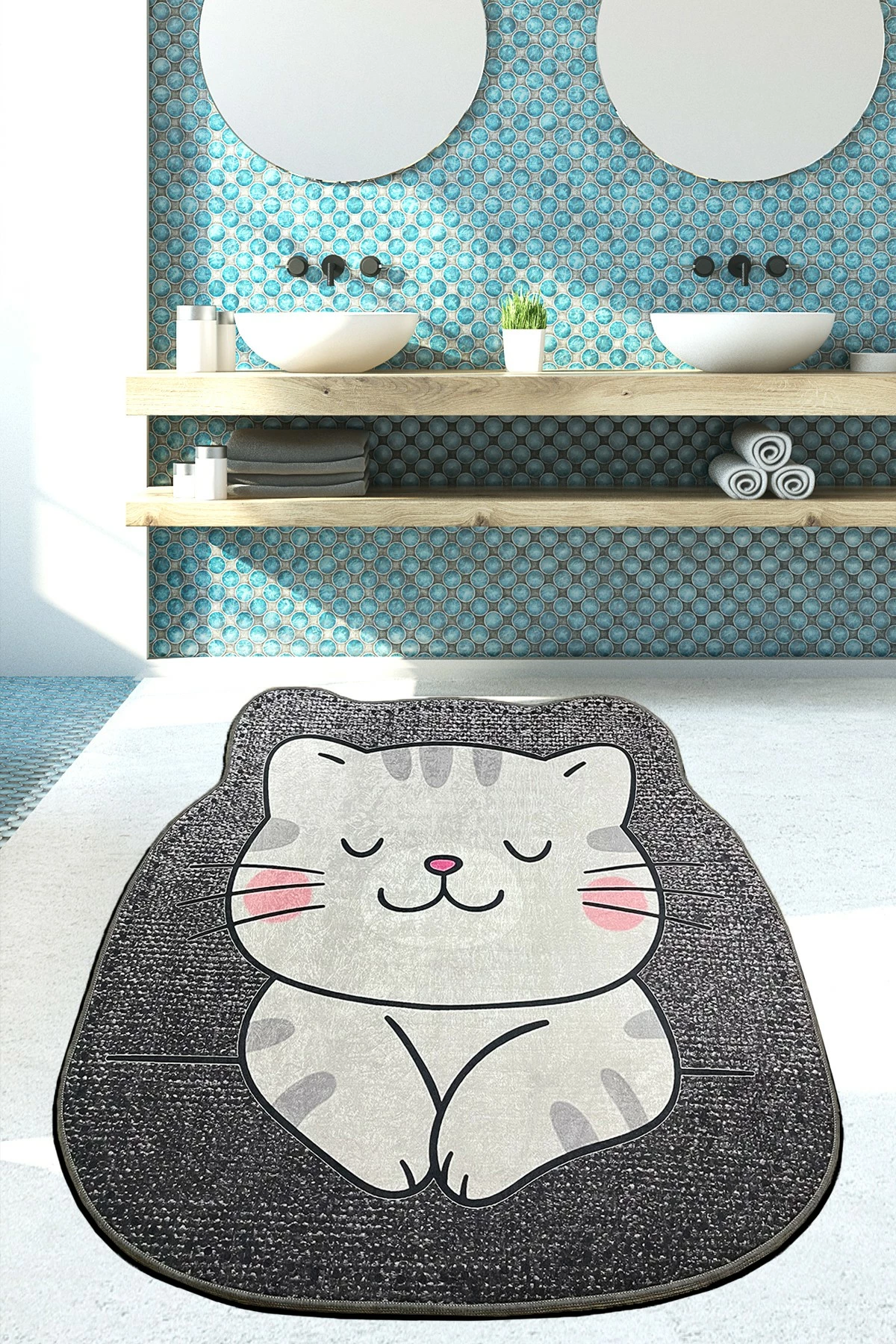 Tapet për banjo, model mace Neko, ngjyrë gri, 100x100cm