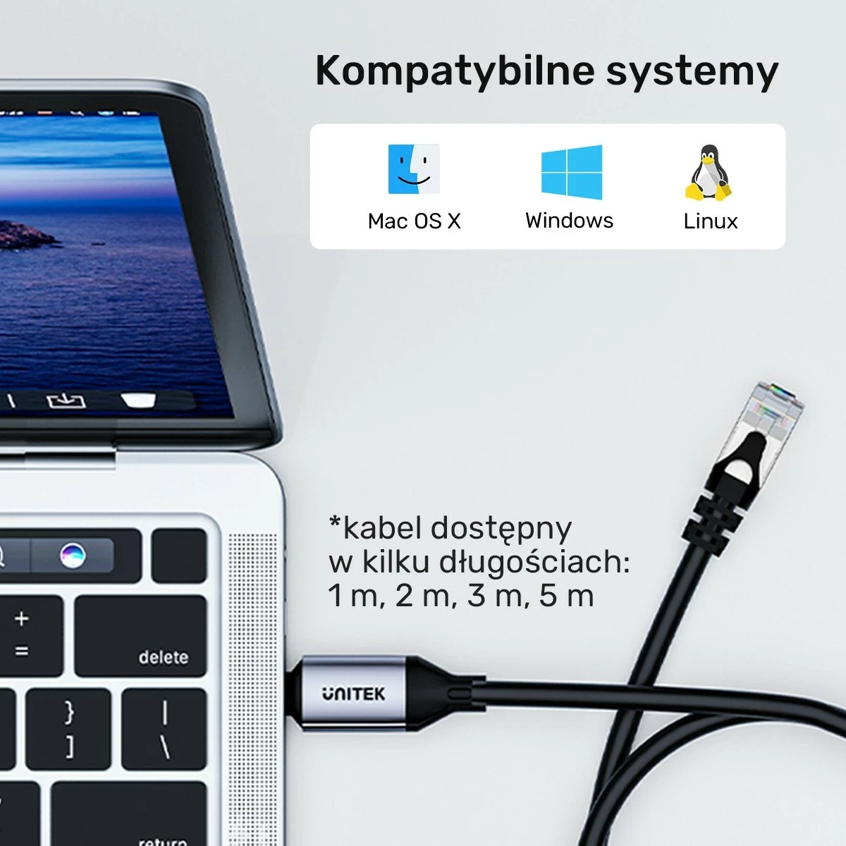 Kabëll Ethernet Unitek USB C RJ-45 LAN, 2m, zi-argjendtë