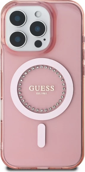 Mbështjellës Guess IML Rhinestones MagSafe për iPhone 16 Pro, Rozë