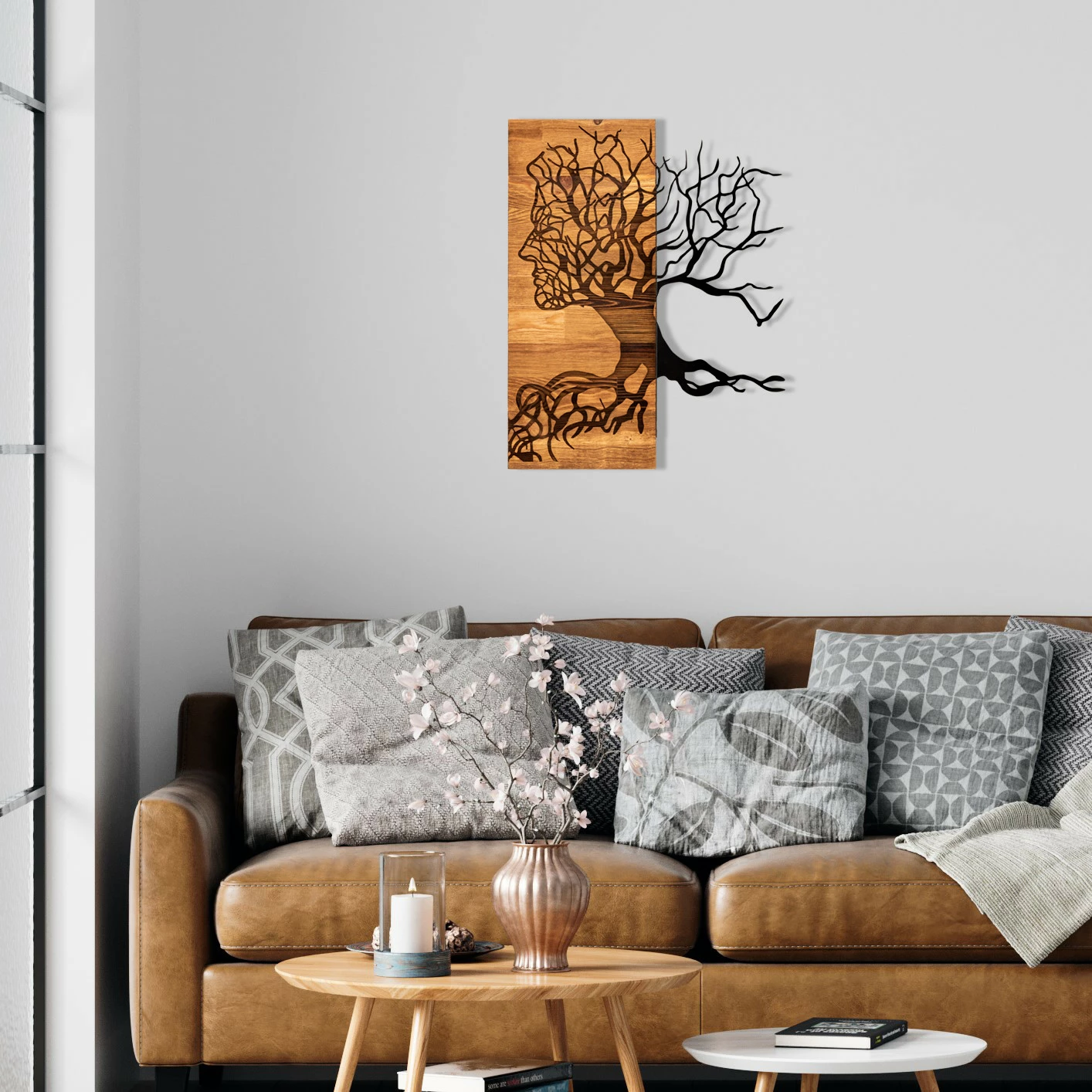 Aksesor dekorativ për mur, dru dhe metal, Wallity Muaz, ngjyrë e zezë dhe arre, 45x58cm