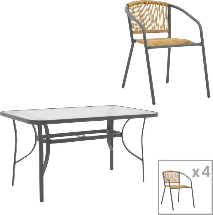 Set tavoline me karrige Ensure-Lindaria, 5 pjesë, metal, ngjyrë antracit dhe pe rattan, 120x70x70cm