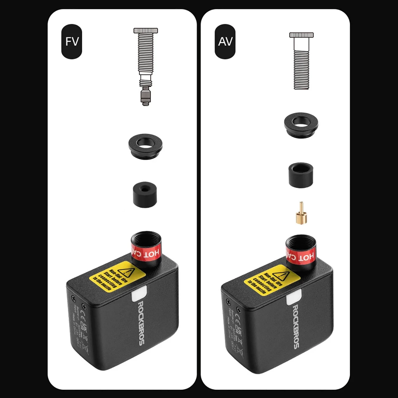 Pompë elektrike mini për biçikletë Rockbros 42320008001, 100 PSI (6.9 bar), Presta/Schrader, 300 mAh, USB-C, me dritë LED, Set me këllëf silikoni + majë Presta + unazë vulosëse + kabllo USB-C–USB-A, e zezë