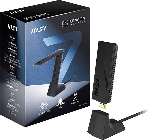 Adapter WiFi USB MSI BE6500, Wi-Fi 7 Tri-Band 2.4/5/6GHz, 2880Mbps, USB 3.2, i zi