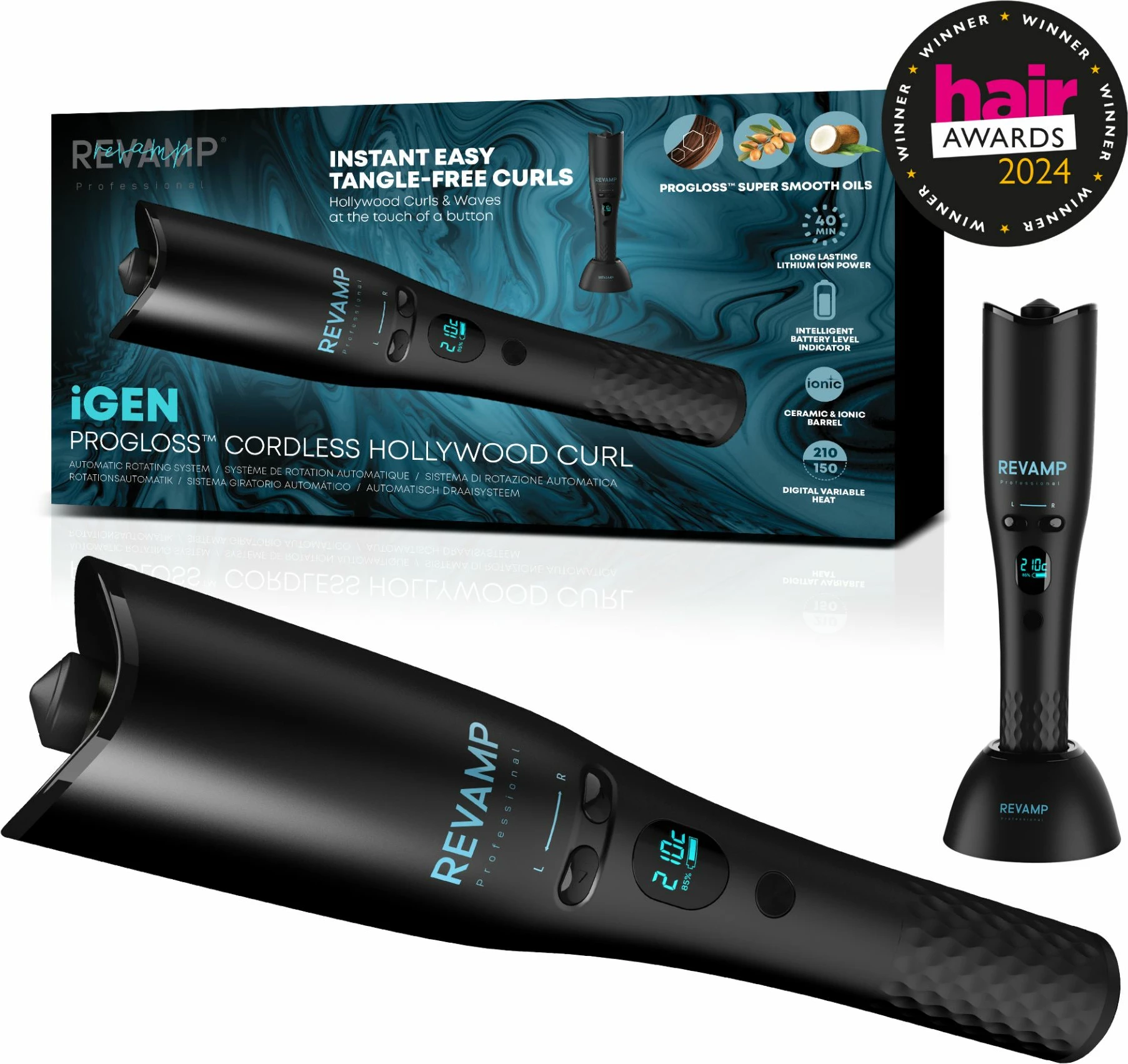 Pajisje automatike për kaçurrela Revamp iGEN Progloss Hollywood Curl CL-2750, pa kabllo, 19 mm, 150–210°C, e zezë, set me bazë karikimi