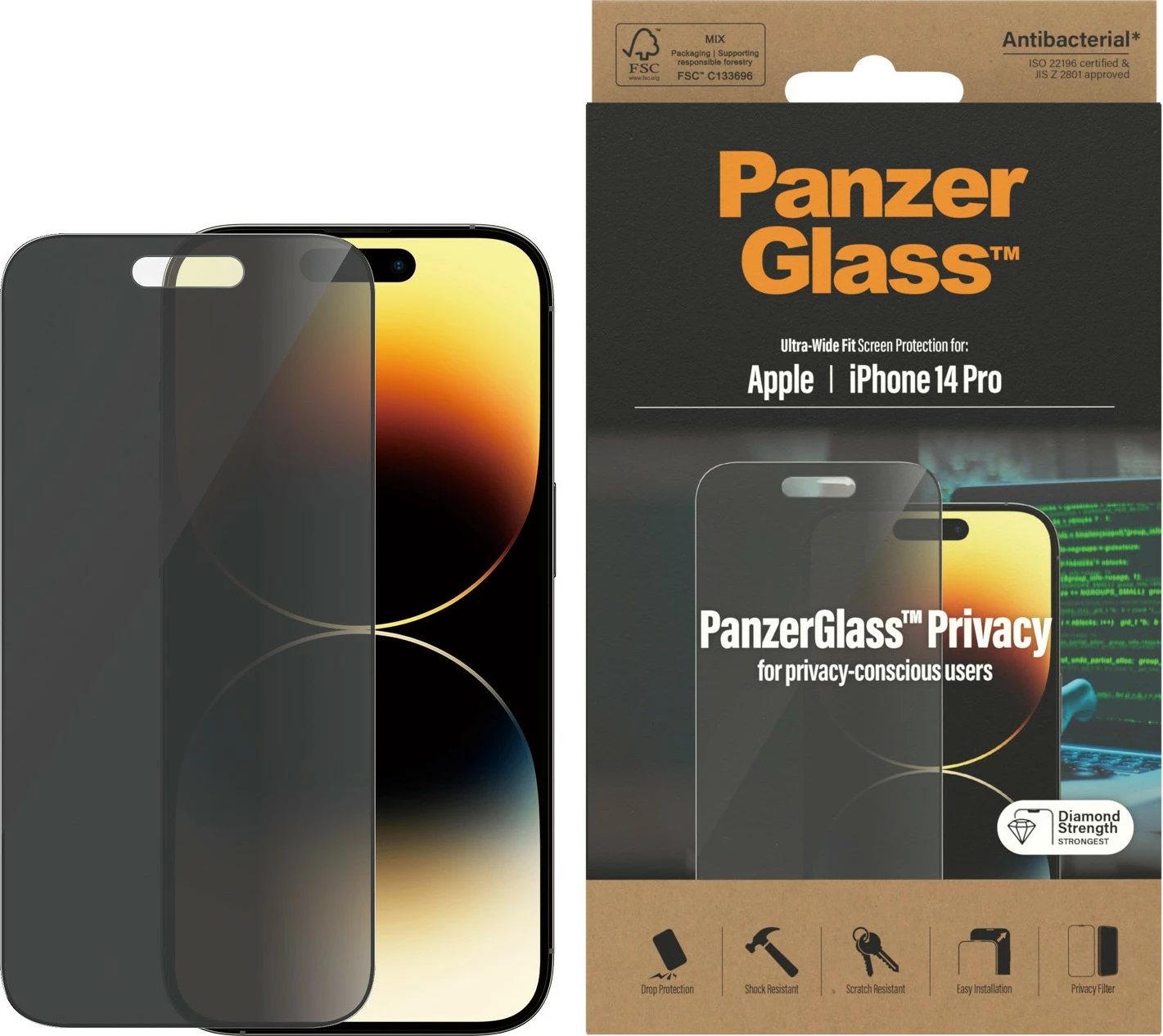 Mbështjellës ekrani PanzerGlass për iPhone 14 Pro, Privacy, antibakterial