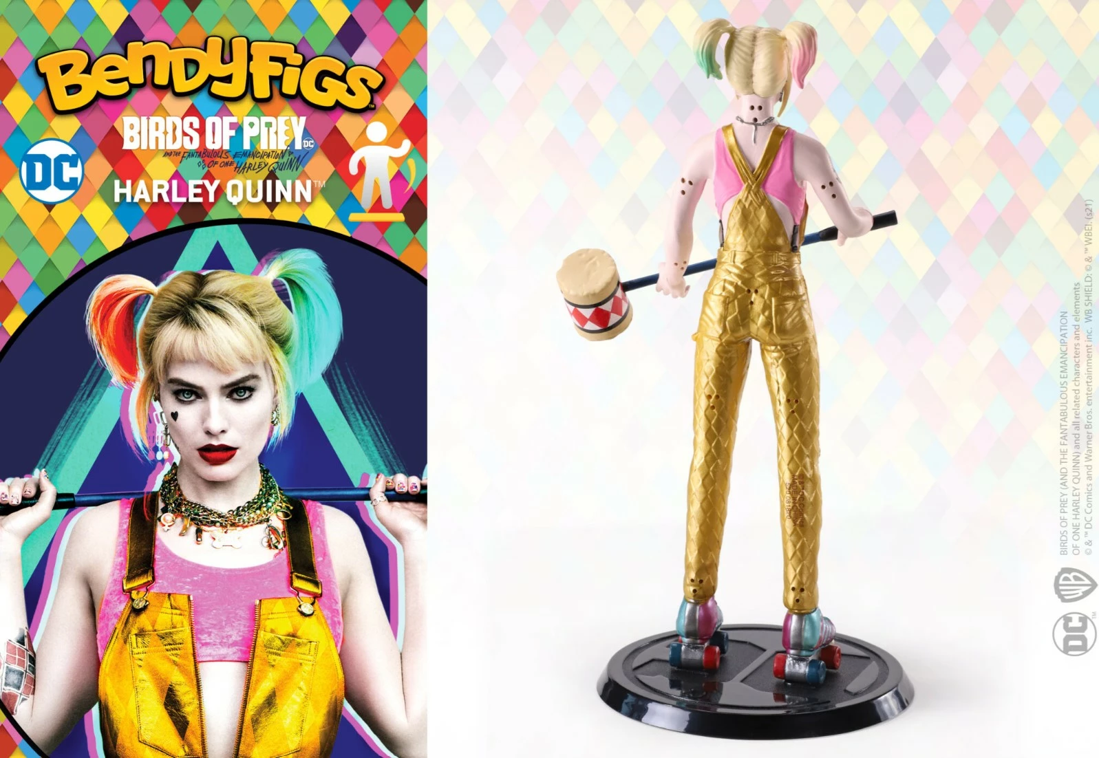 Figurinë koleksionuese fleksibile Noble Collection Bendyfigs DC Birds of Prey Harley Quinn 18 cm, me çekiç dhe bazë