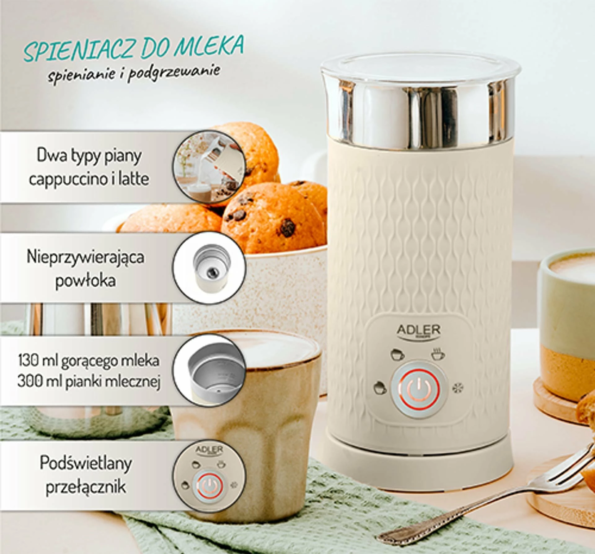 Shkumëzues qumështi Adler AD 4495 500W, me ngrohje, 300 ml/130 ml, krem