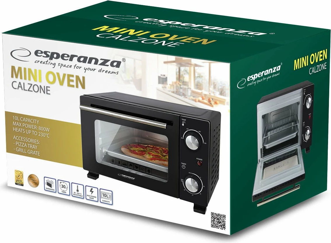 Mini furrë Esperanza EKO007N Calzone 10 L 800 W, e zezë