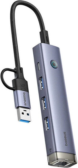 Hub Baseus UltraJoy 4in1, USB-A & USB-C në 3xUSB3.0 + USB-C + RJ45, Gri
