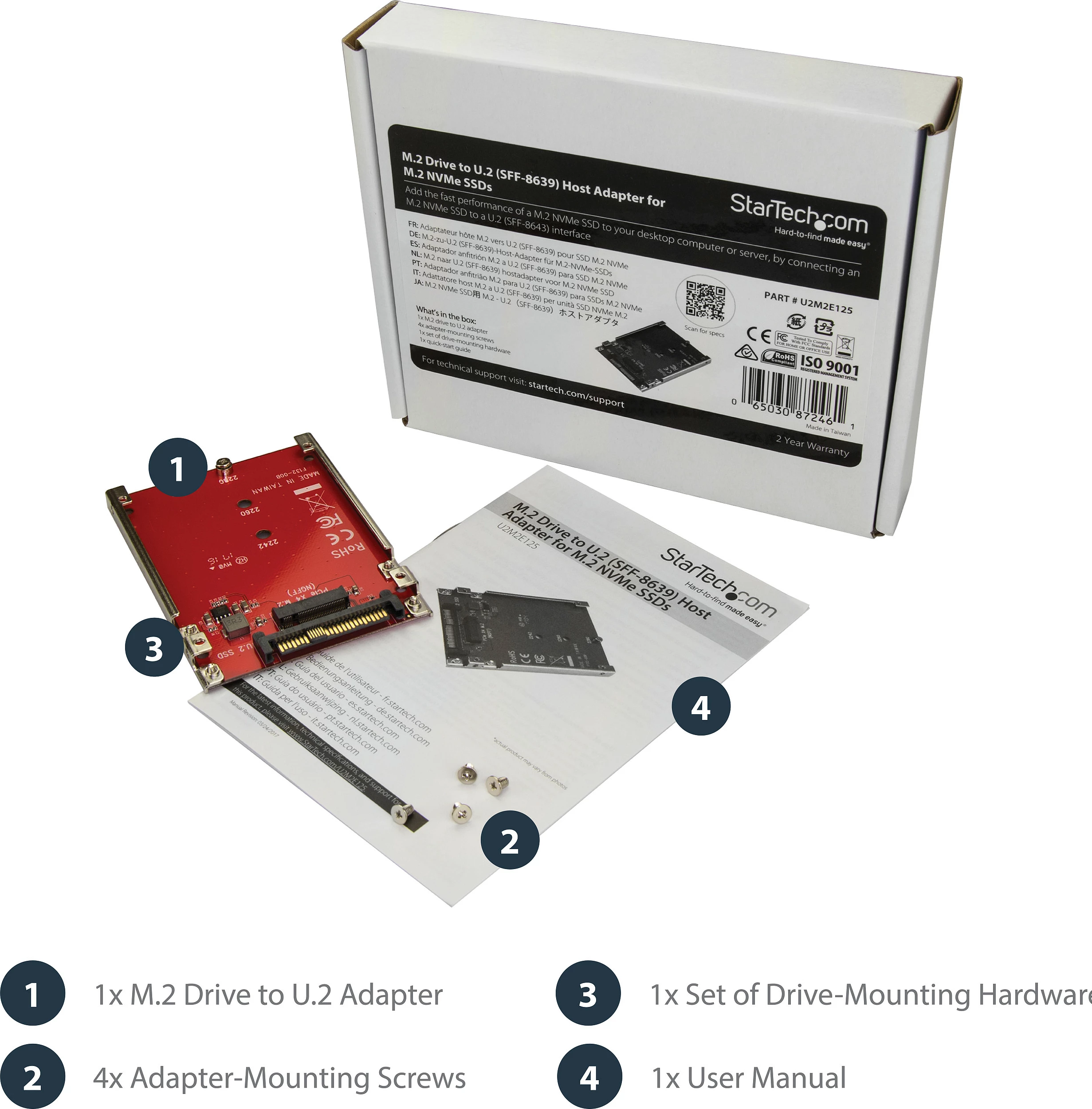Adapter StarTech U2M2E125, M.2 NVMe në U.2 (SFF-8639), i brendshëm, i kuq