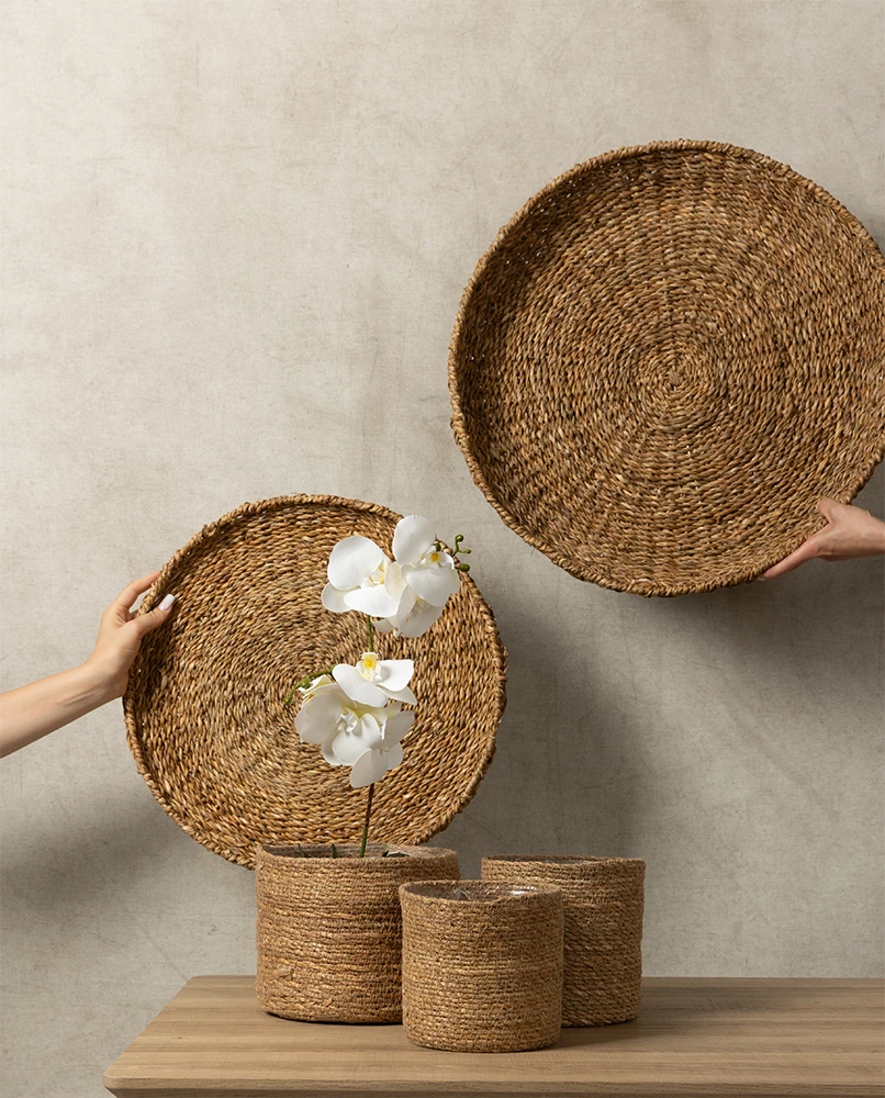 Set tabakash NEREA, 3 copë, kashtë deti natyrale, metal, 55x55x8cm