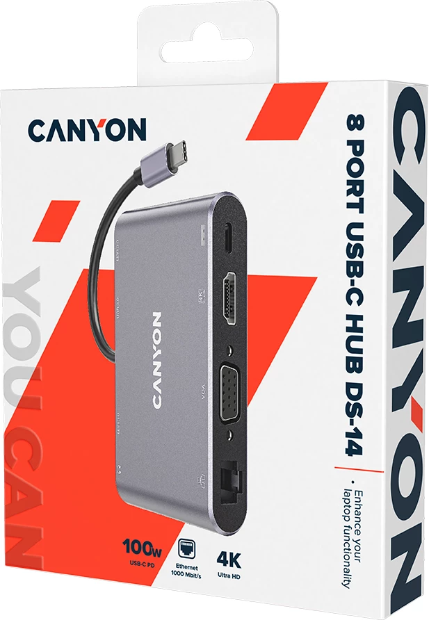 Hub USB-C CANYON DS-14 8n1 4K HDMI/VGA LAN PD 100W, i hirtë e errët