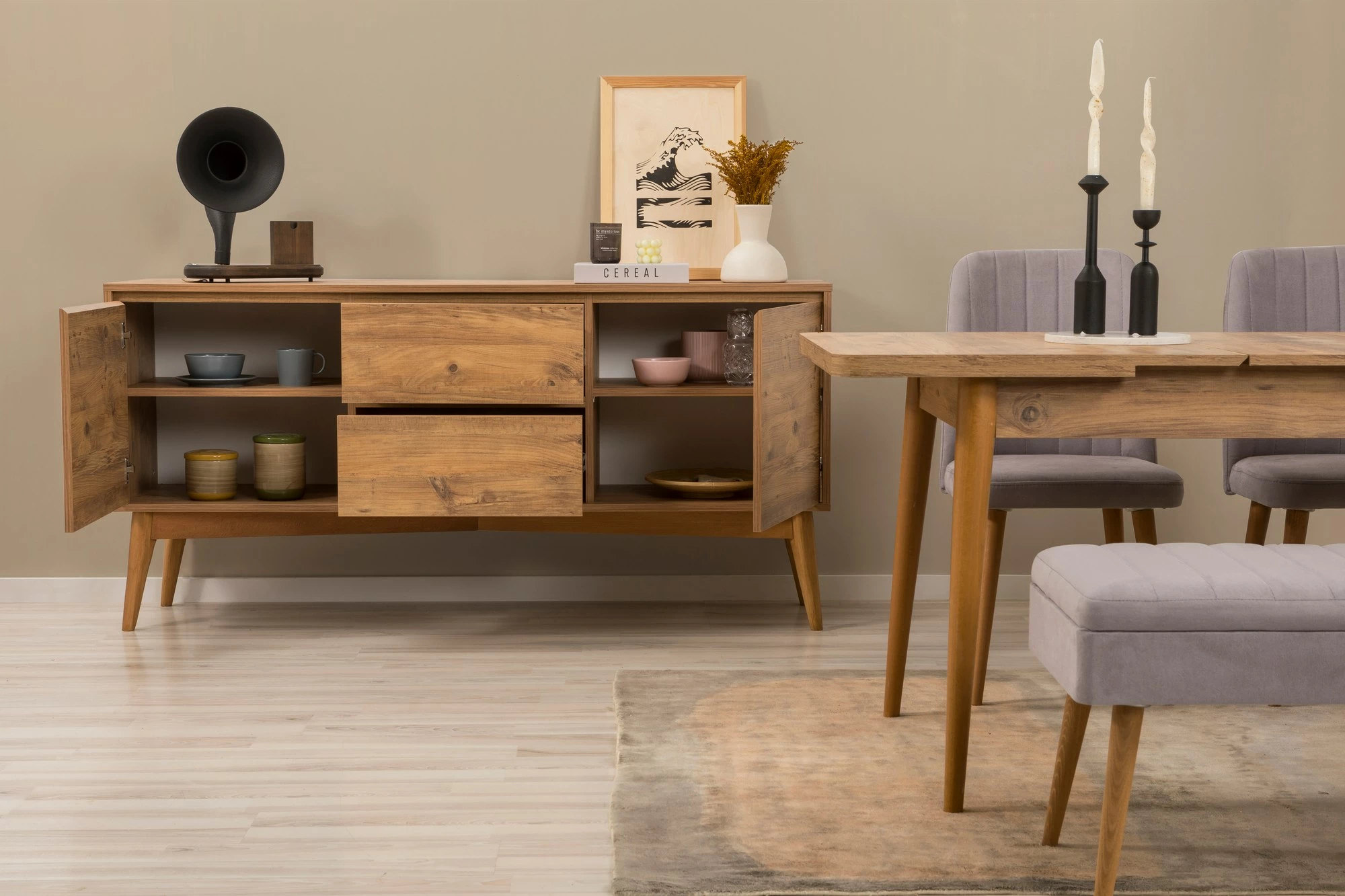 Set tavoline me karrige dhe konsol, zgjatues, 5 pjesë, Skye Decor, Vina 02 0701, ngjyrë lis Atlantik, gri