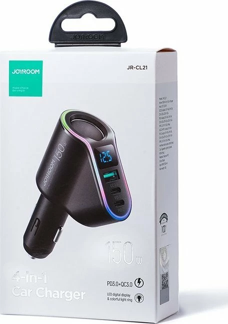 Karikues për veturë Joyroom JR-CL21 150W 1x USB-A + 2x USB-C QC3.0/PD3.0 12/24V, i zi