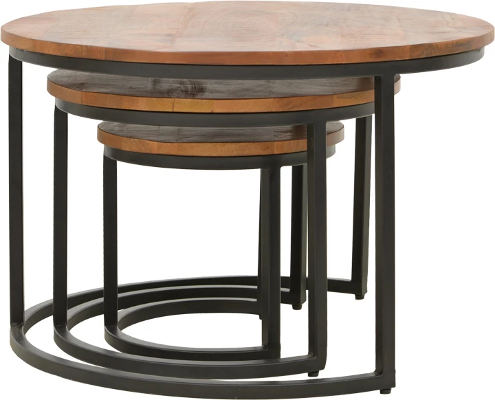 Set tavolinash kafeje Frina, dru mango, ngjyrë arre, këmbë metalike të zeza, 3 copë