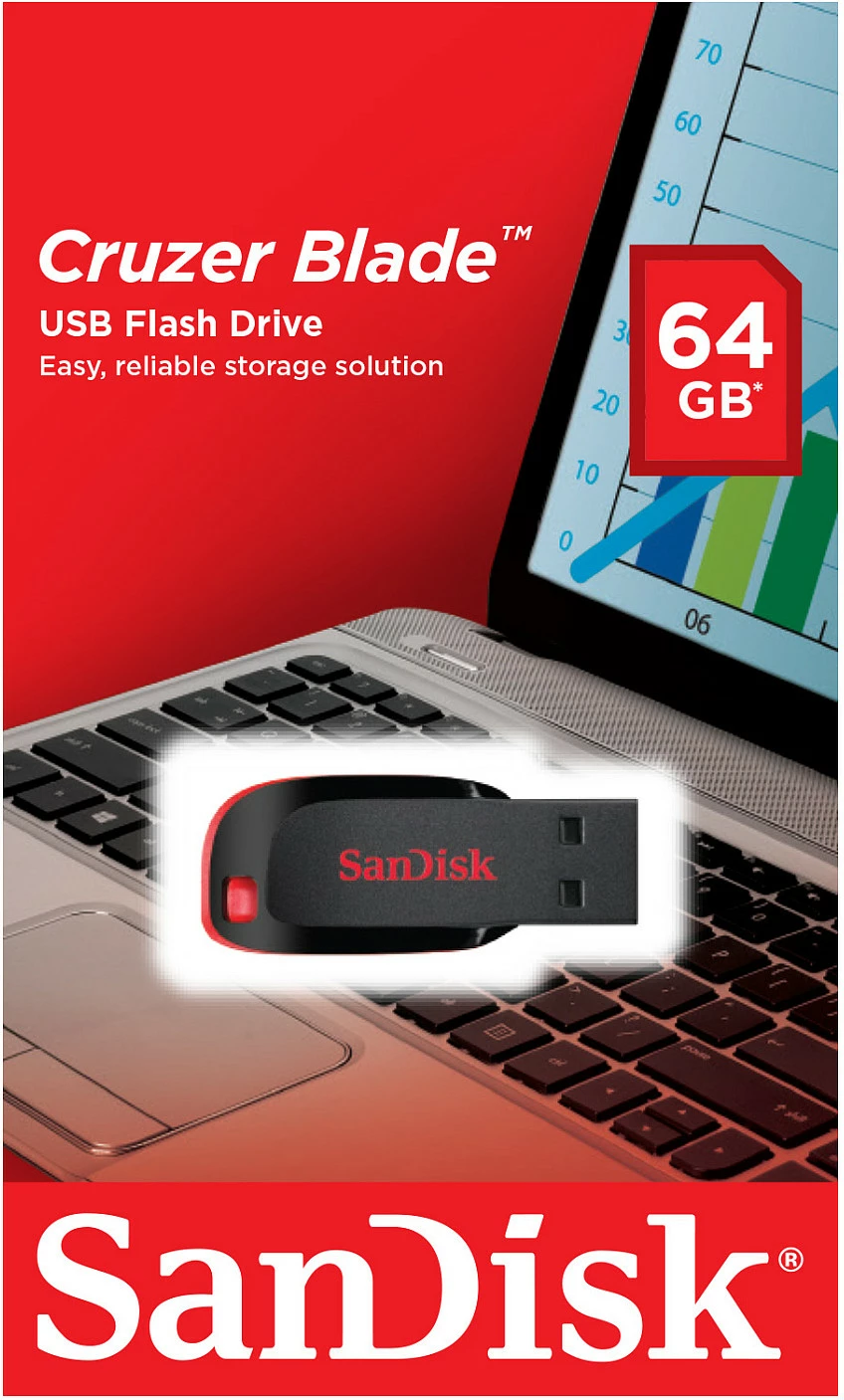 USB SanDisk Cruzer Blade 64 GB, USB Type-A, 2.0, e zezë, e kuqe
