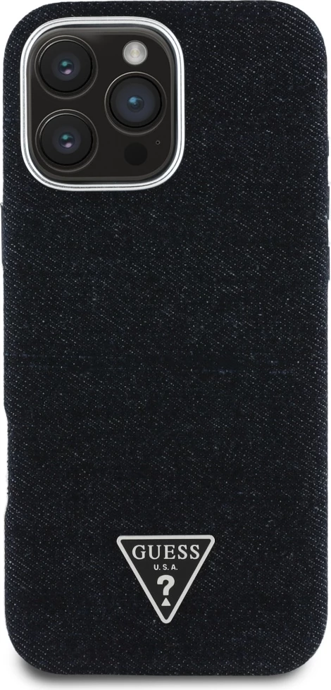 Mbështjellës Guess Denim Triangle Logo MagSafe për iPhone 16 Pro, i zi