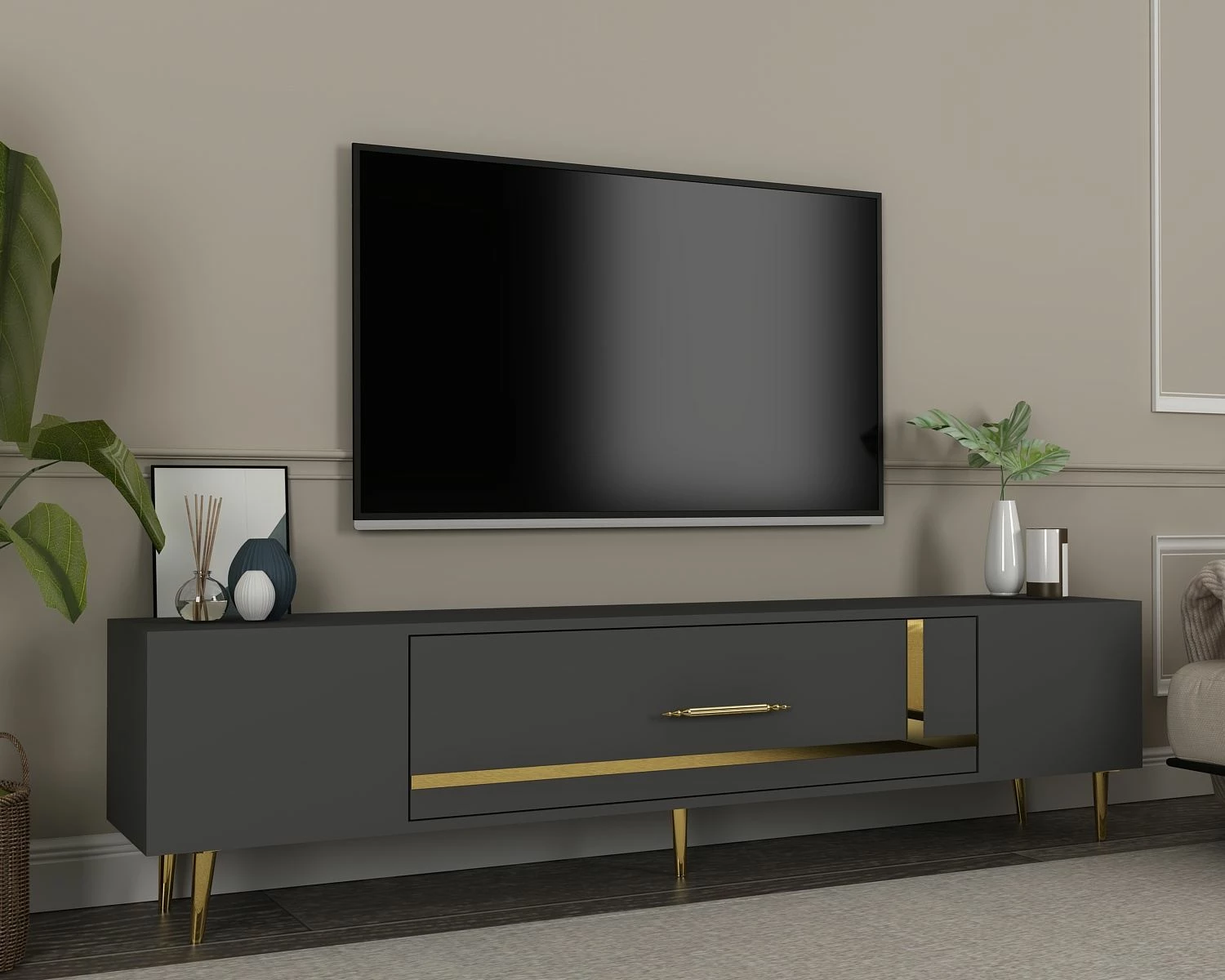 Komodë për TV, ngjyrë antracit dhe ari, Skye Decor, Dekop1