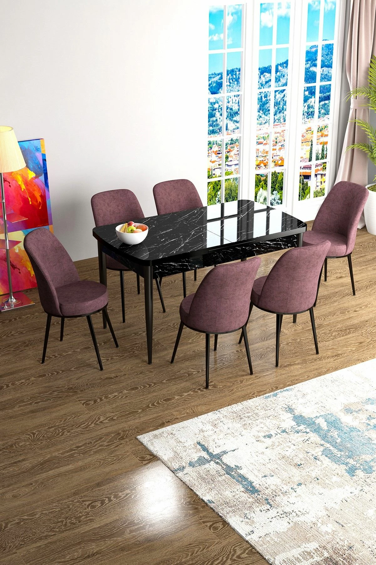 Set tavoline me karrige për ngrënie, e zgjatshme, 7 copë, Skye Decor, Han, mermer i zi, Dusty Rose