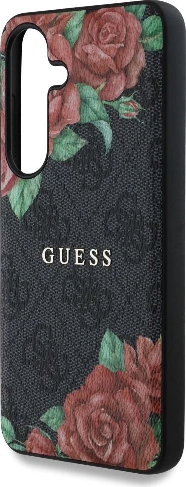 Mbështjellës Guess Leather 4G Flowers Print Metal Classic Logo MagSafe për Samsung Galaxy S25, Zi