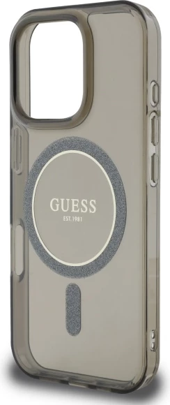 Mbështjellës Guess IML Glitter Circle MagSafe për iPhone 16 Pro Max, i zi