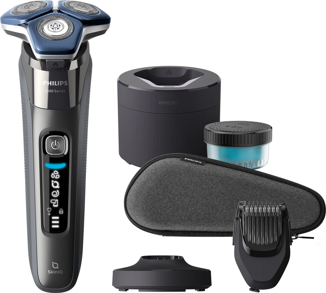 Makinë rroje, Philips, Series 7000 S7887/58, pa kabllo, i lagësht dhe i thatë, ekran LED, me stacion pastrimi, trimmer dhe këllëf, gri