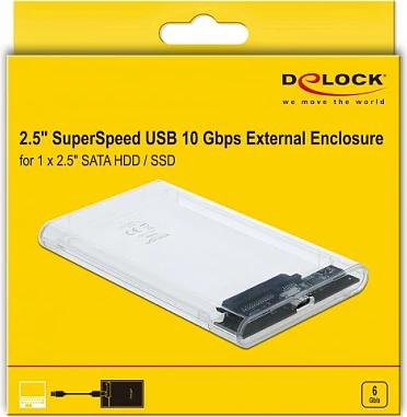 Kasë e jashtme DeLOCK për HDD/SSD 2.5" SATA, USB-C 10Gbps, transparente