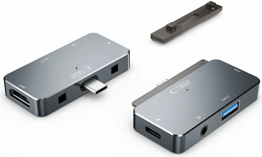 HUB Tech-Protect V6 4in1 USB-C, USB-A 3.0, HDMI, mini jack 3.5mm, gri