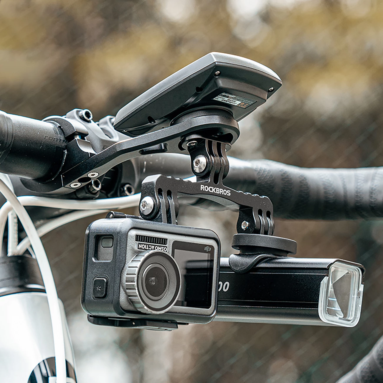 Mbajtëse timoni biçiklete Rockbros FK-301 2-në-1, për kompjuter Garmin/Wahoo/Bryton + dritë/kamerë GoPro, 31.8 mm, E zezë
