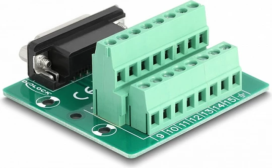 Adapter DeLOCK D-Sub 15-pin femër në terminal block për DIN rail, AWG 24-12, i gjelbër