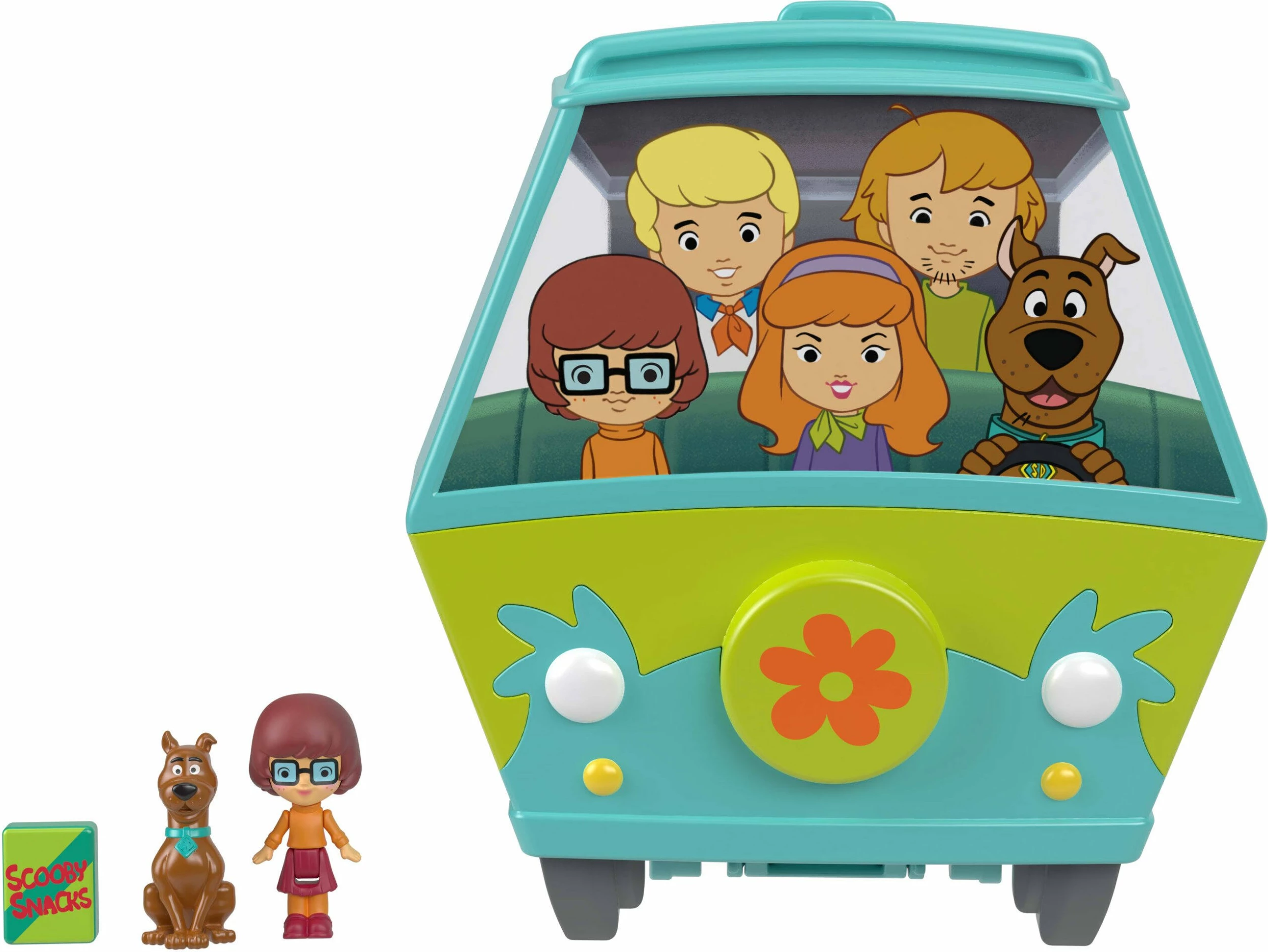 Set lodrash Mattel Polly Pocket x Scooby-Doo Compact Mystery Vehicle JKC85, me mini figura Scooby-Doo dhe Velma, me pjesë të lëvizshme, tirkiz