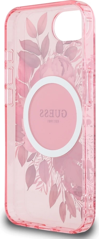 Mbështjellës Guess IML Flowers MagSafe për iPhone 16e, Rozë