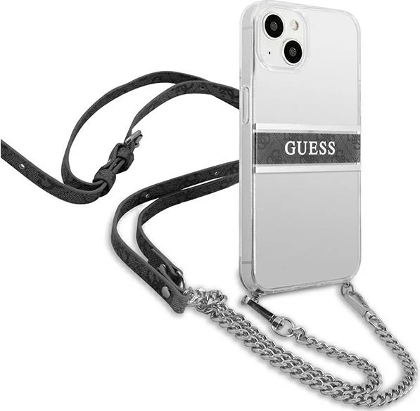 Mbështjellës Guess GUHCP13SKC4GBSI për iPhone 13 mini 5.4", transparent, me rrip dhe zinxhir argjendi