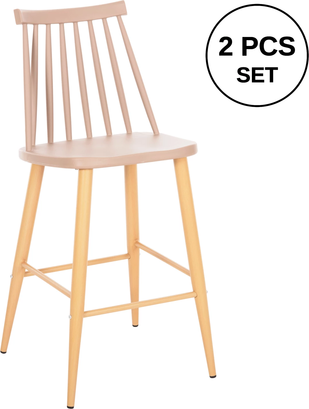 Karrige për bar mesatare VANESSA FH9300.25 ngjyrë kapuçino PP & këmbë metalike ngjyrë druri 45,5x46x97Hcm., set prej 2 copë