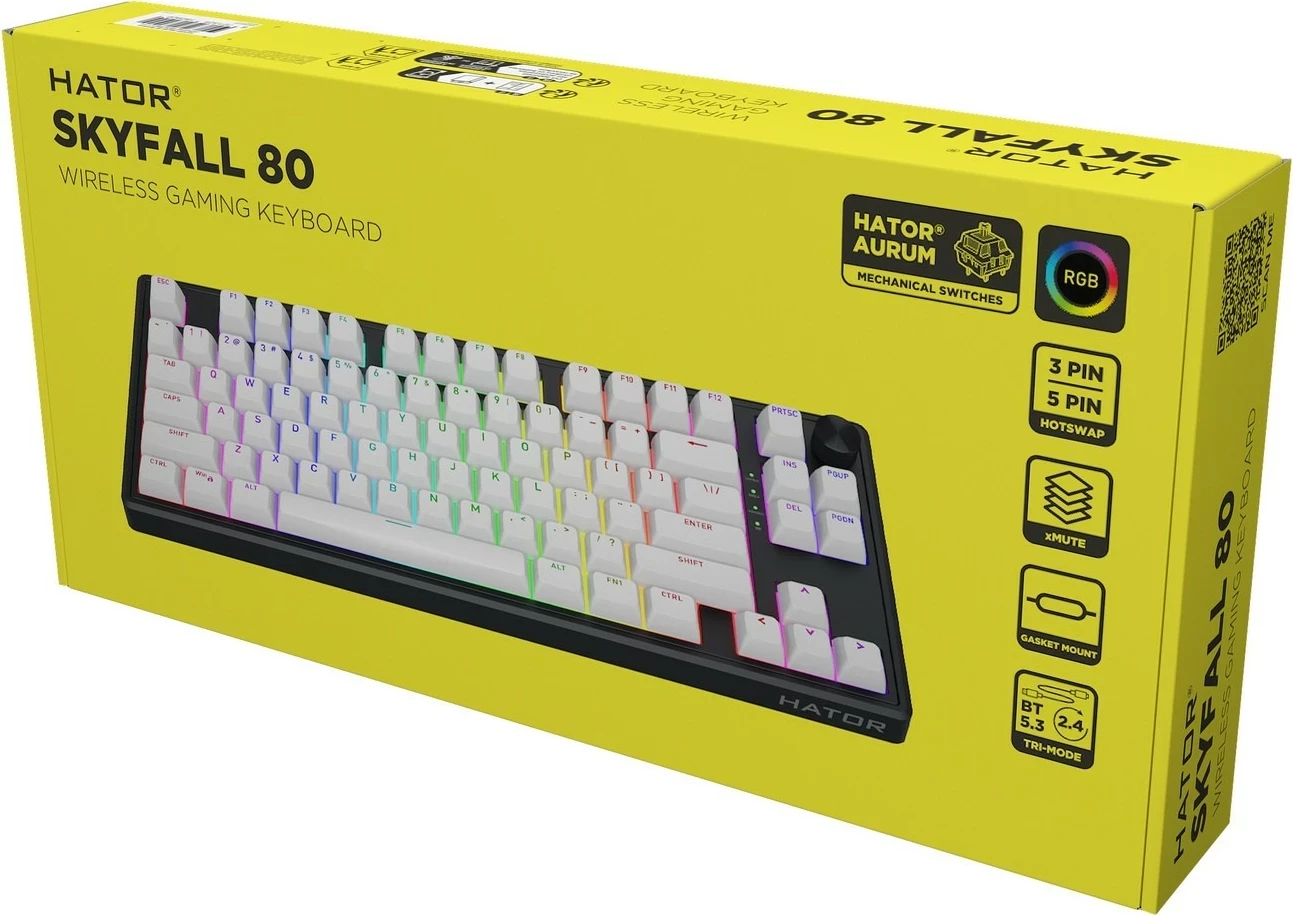 Tastierë mekanike Hator Skyfall 80 Wireless, RGB, 75%, bardhë-zi
