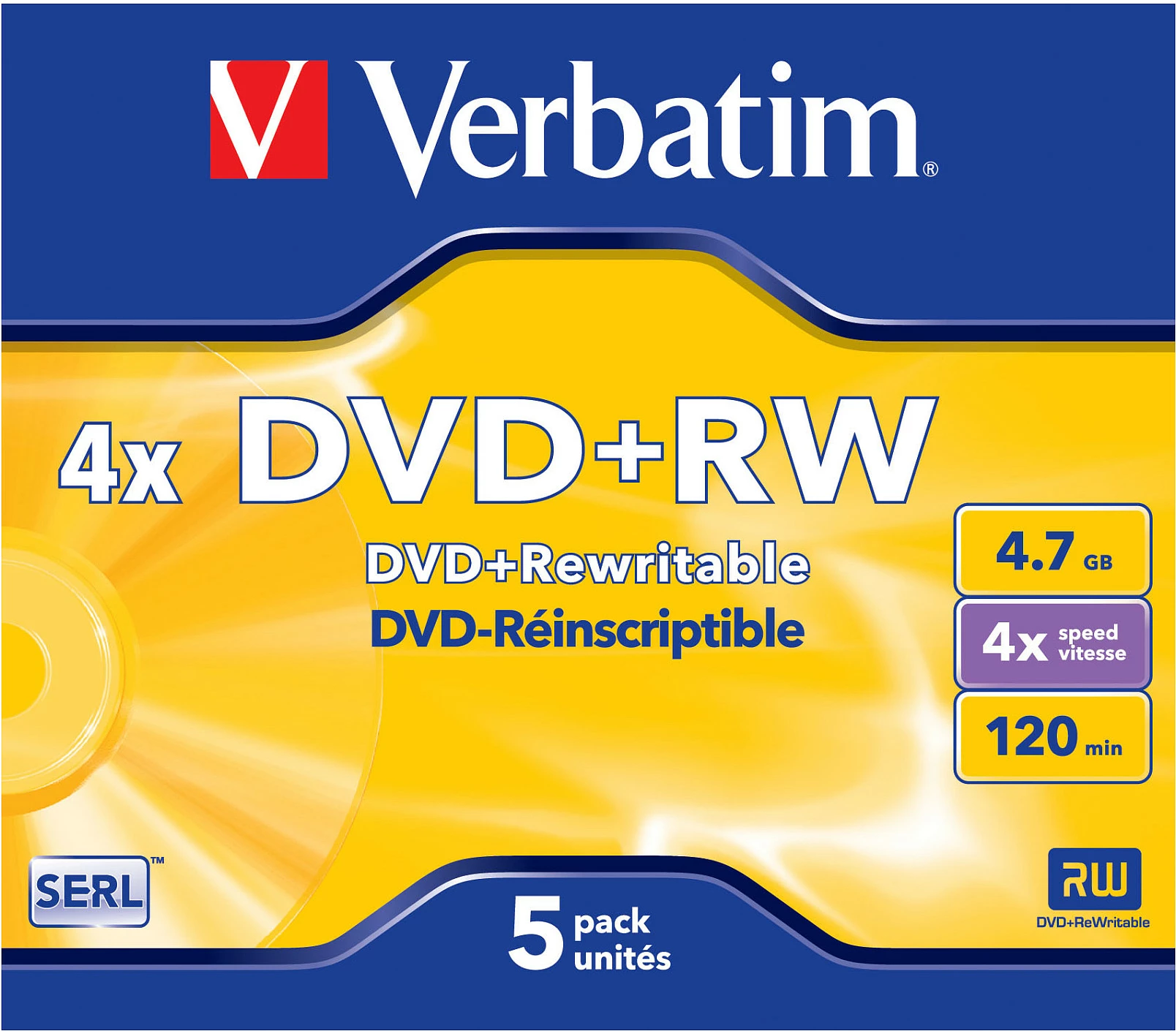 Disk DVD+RW Verbatim VB-DPW44JC, 4.7GB, 4x, 120mm, 5 copë, Matt Silver