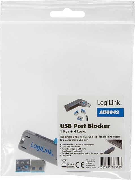 Bllokues porte USB-A LogiLink Port Blocker, 1 çelës + 4 bravë, gri/blu