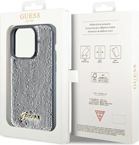 Mbështjellës Guess Sequin Script Metal për iPhone 14 Pro, argjend
