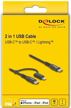Kabllo DeLOCK 81170, USB-C në USB-C/Lightning, 1m, USB PD 60W, e zezë
