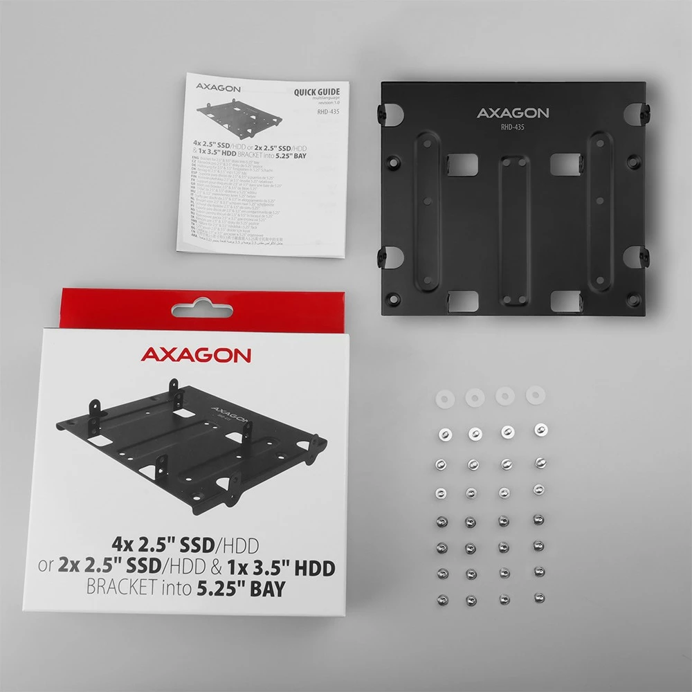 Kasë AXAGON RHD-435 për montim 4x 2.5" ose 2x 2.5" + 1x 3.5" HDD/SSD, për hapësirë 5.25", e zezë
