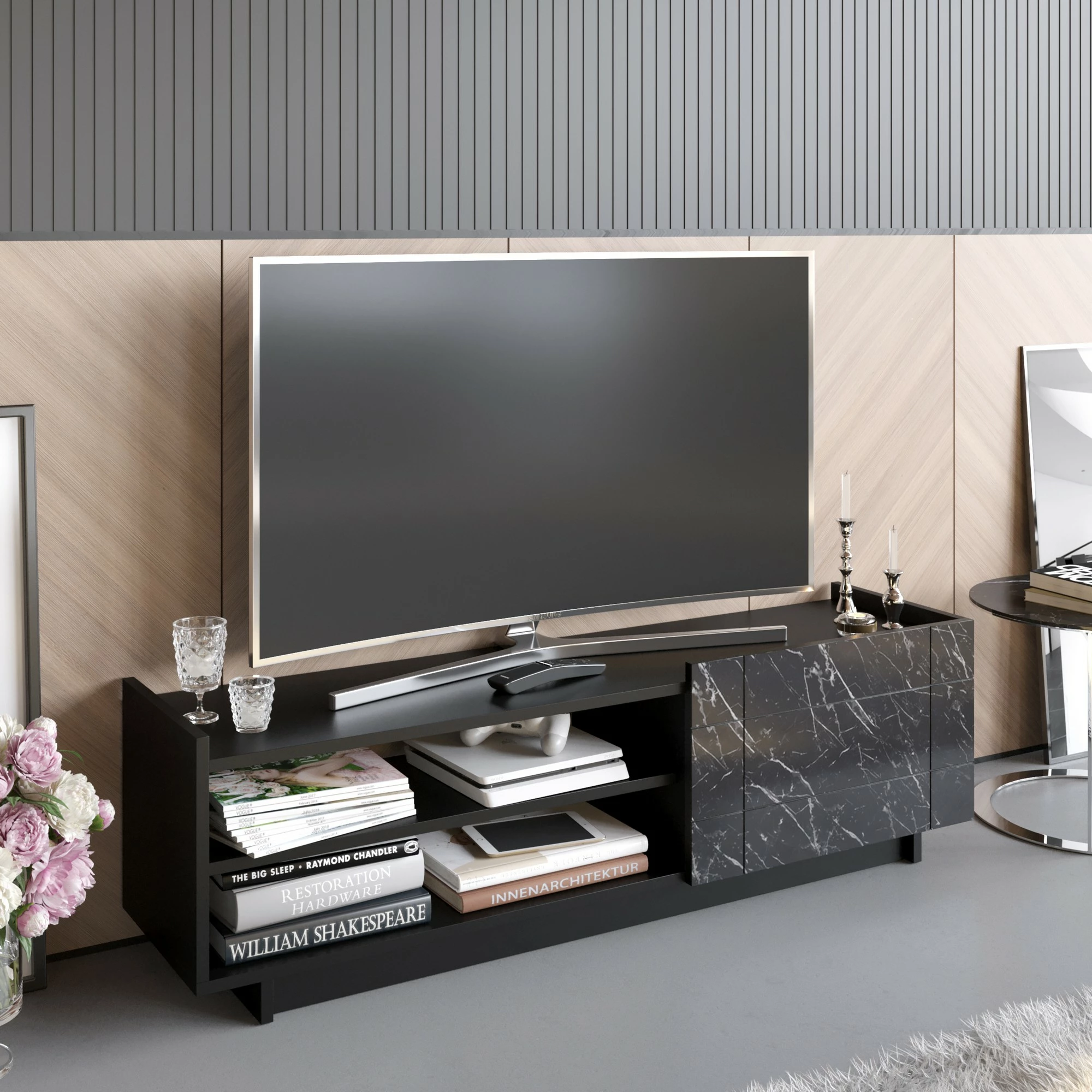 Komodë TV Hanah Home, Valantina, e zezë, mermer