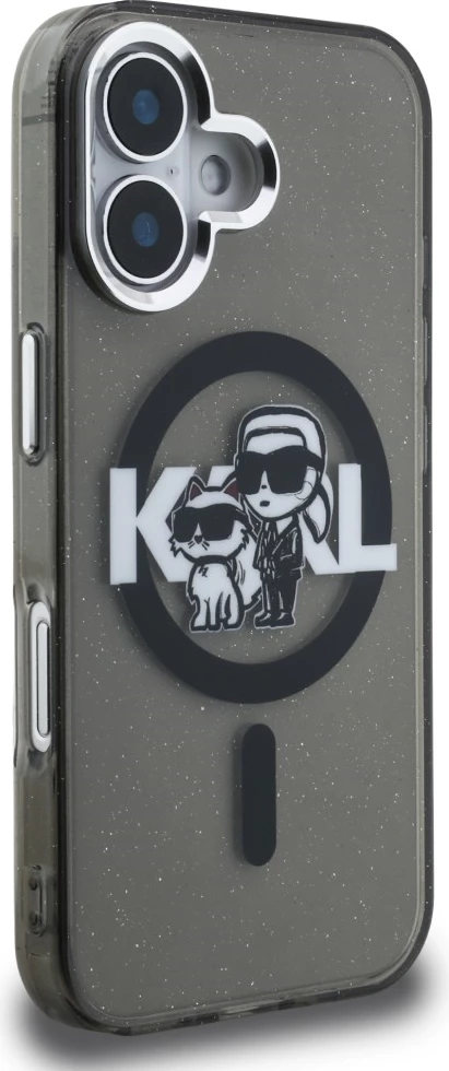 Mbështjellës MagSafe Karl Lagerfeld IML Glitter Karl & Choupette Sketch Logo për iPhone 16, i zi, në kuti