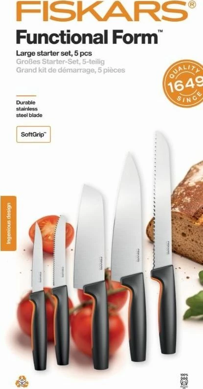 Set thikash kuzhine Fiskars Functional Form 1057558, 5 copë, zi/portokalli