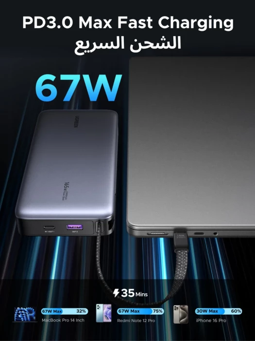 Powerbank UGREEN Nexode 55996B 20000mAh 67W me kabllo USB-C të integruar, gri, set 2 copë