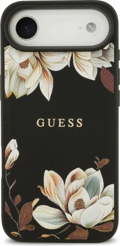 Kapak telefoni Guess Grained Flowers Classic Logo MagSafe për iPhone Air, i zi