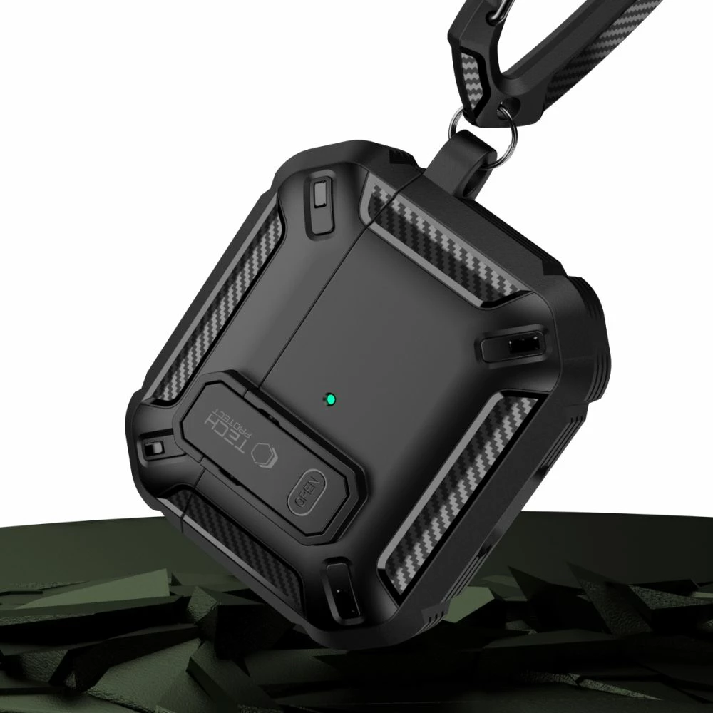 Mbështjellës Tech-Protect X-Carbo për AirPods Pro/Pro 2, me karabiner, i zi