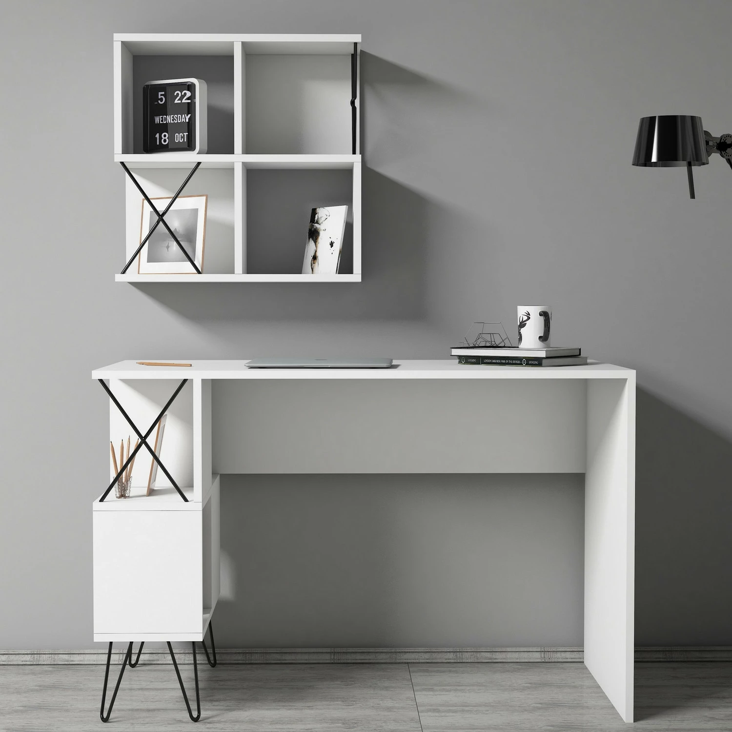 Set tavoline pune me raft librash Hanah Home, Extra 2, e bardhë, e zezë