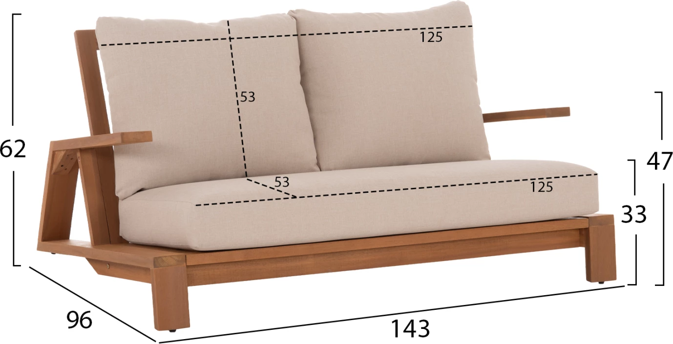 Set lounge për jashtë, 4 pjesë, MIREX, dru akacie, jastëk me mbulesa poliester ecru