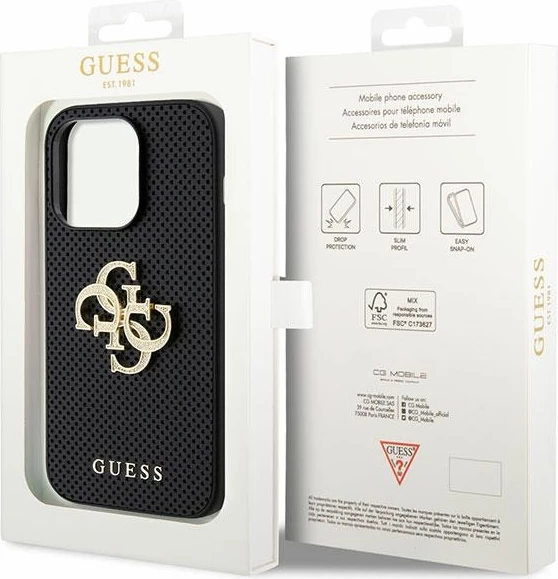 Mbështjellës Guess Perforated 4G Glitter Logo për iPhone 15 Pro 6.1\", hardcase TPU + lëkurë eko, i zi, në kuti