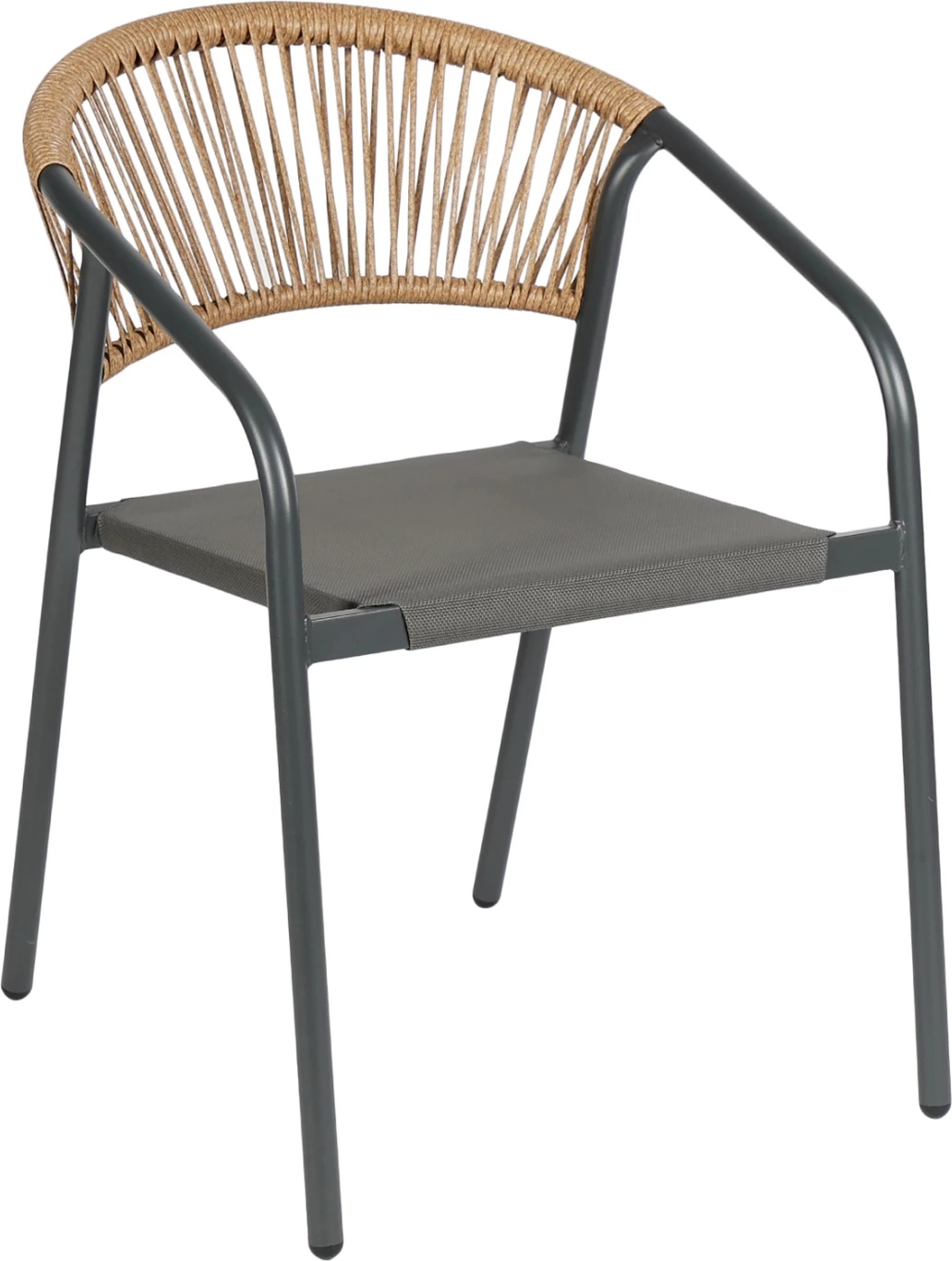 Karrige e jashtme me krahë, strukturë metali, sedilje tekstilene gri, shpinë ratan sintetik bezhë, 53.5x62x75cm